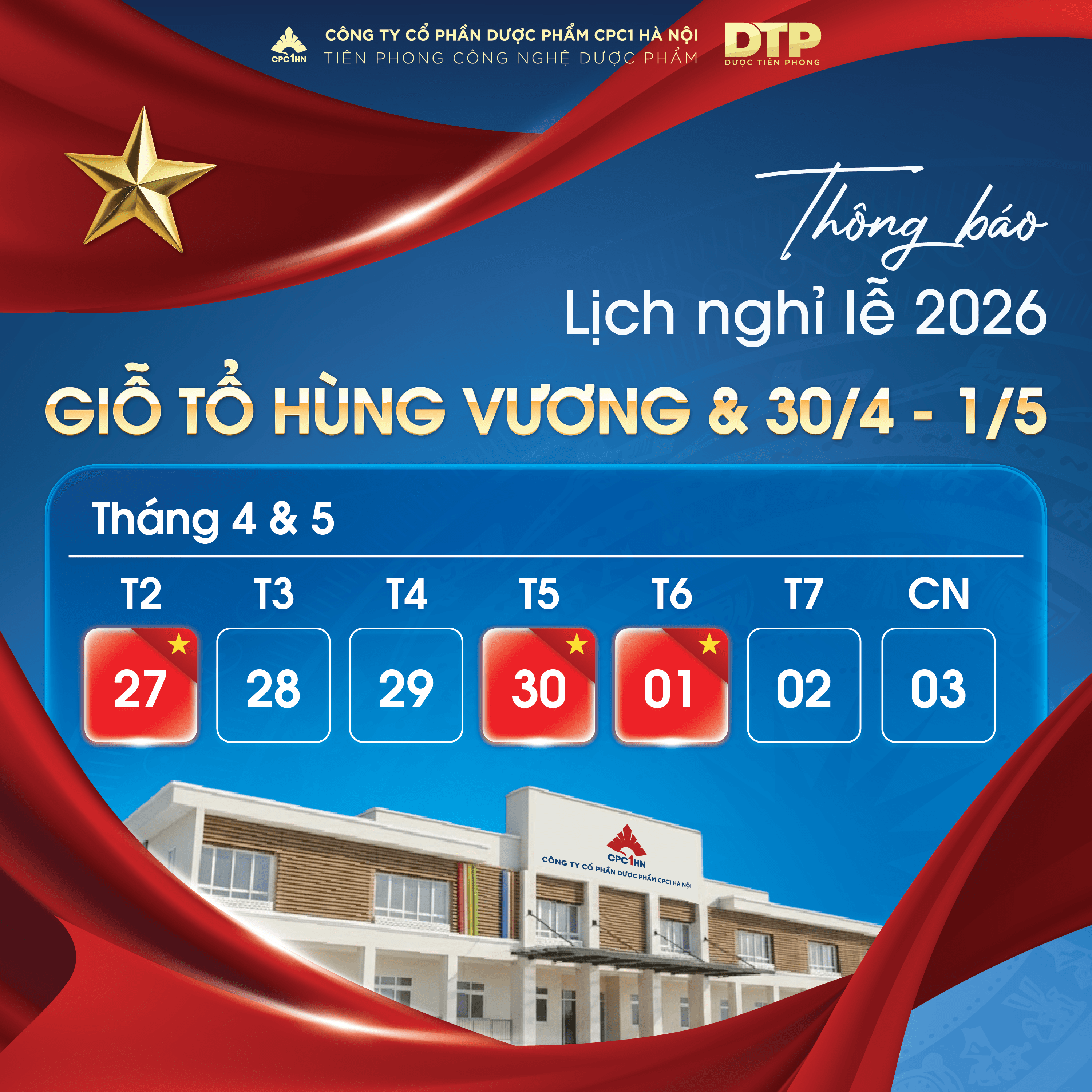 DƯỢC PHẨM CPC1 HÀ NỘI THÔNG BÁO LỊCH NGHỈ LỄ 2026